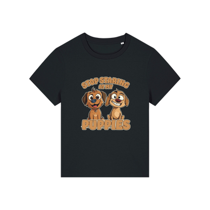 black funny animal t-shirt with the graphic of two puppies and the slogan 'stop staring at my puppies'