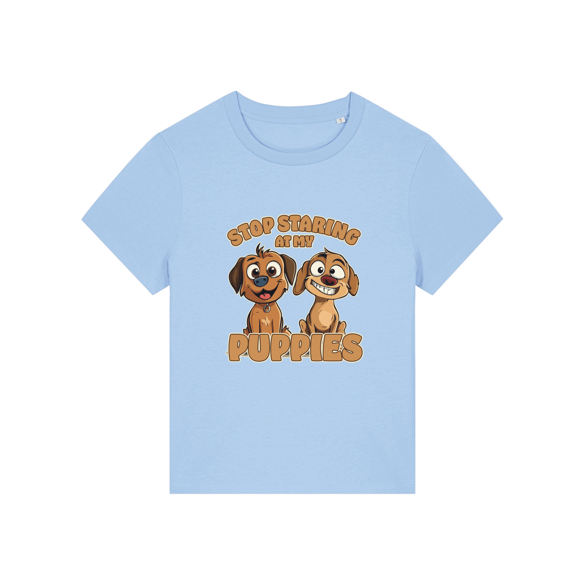 light blue funny animal t-shirt with the graphic of two puppies and the slogan 'stop staring at my puppies'