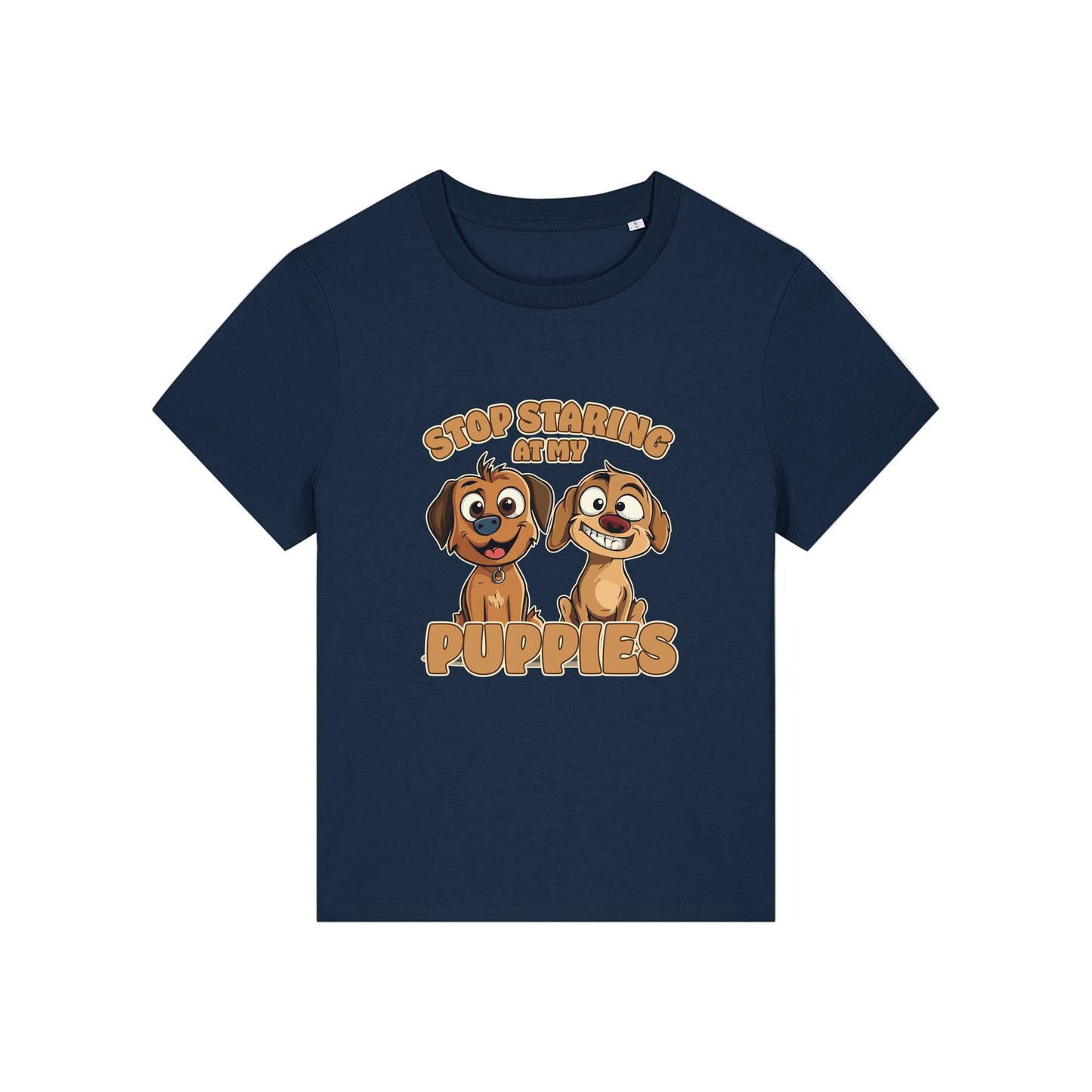 navy funny animal t-shirt with the graphic of two puppies and the slogan 'stop staring at my puppies'