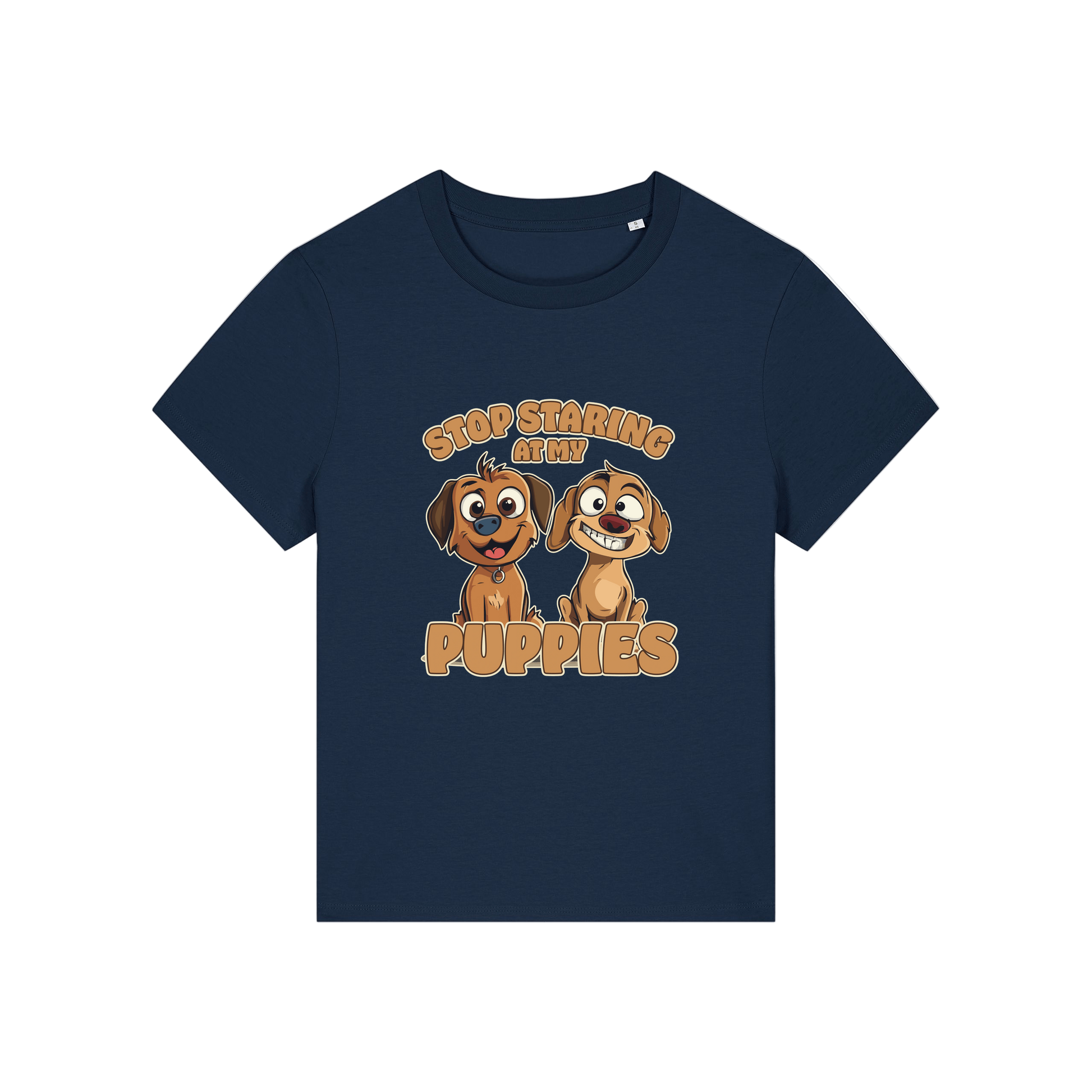 navy funny animal t-shirt with the graphic of two puppies and the slogan 'stop staring at my puppies'