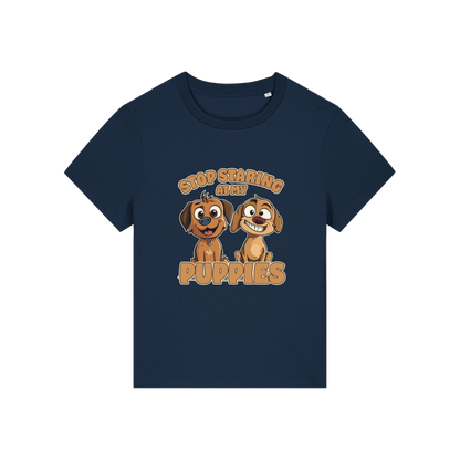 navy funny animal t-shirt with the graphic of two puppies and the slogan 'stop staring at my puppies'