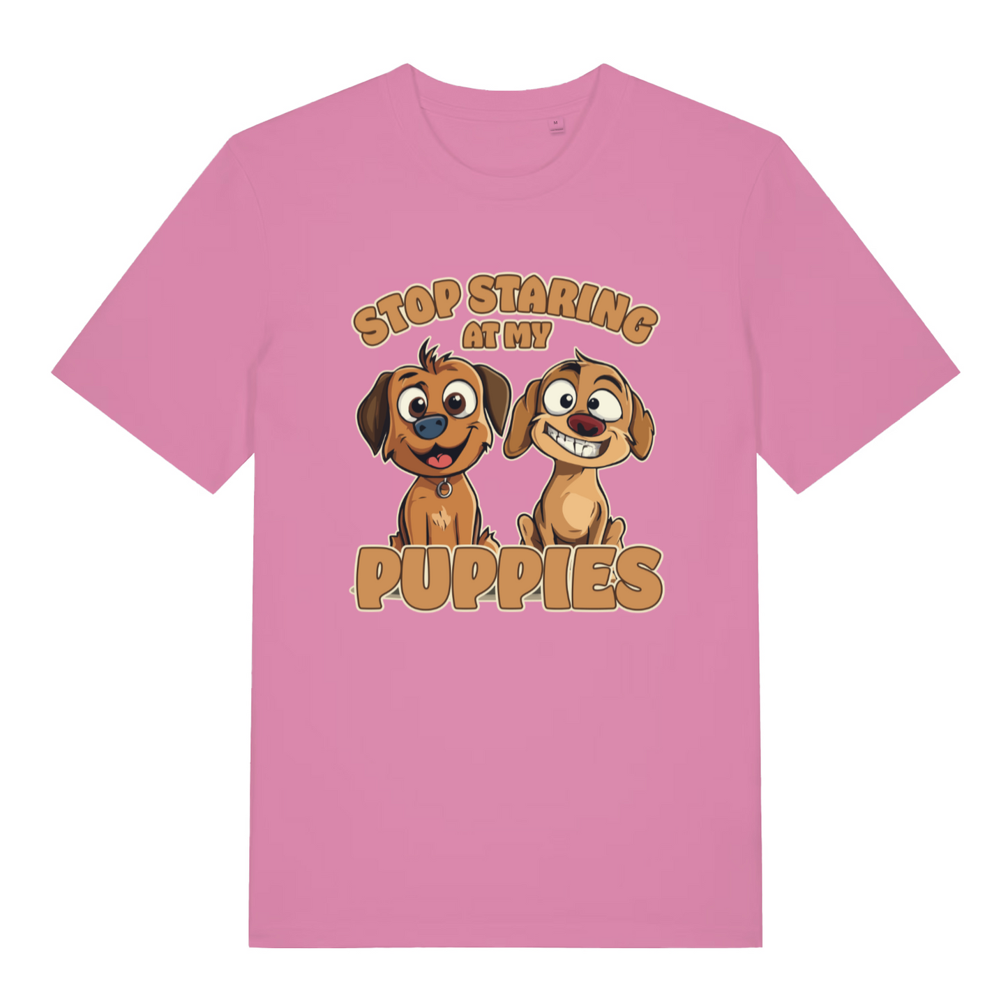 pink women's funny animal t-shirt with the graphic of two puppies and the slogan 'stop staring at my puppies'