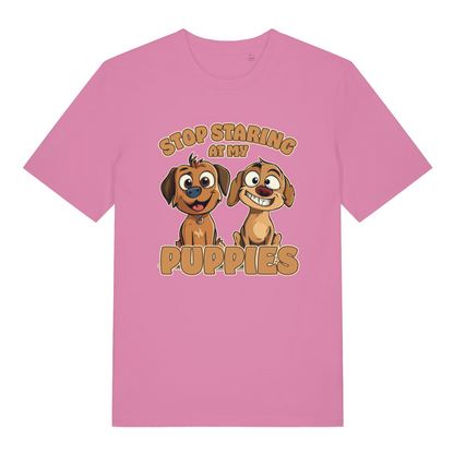 pink women's funny animal t-shirt with the graphic of two puppies and the slogan 'stop staring at my puppies'