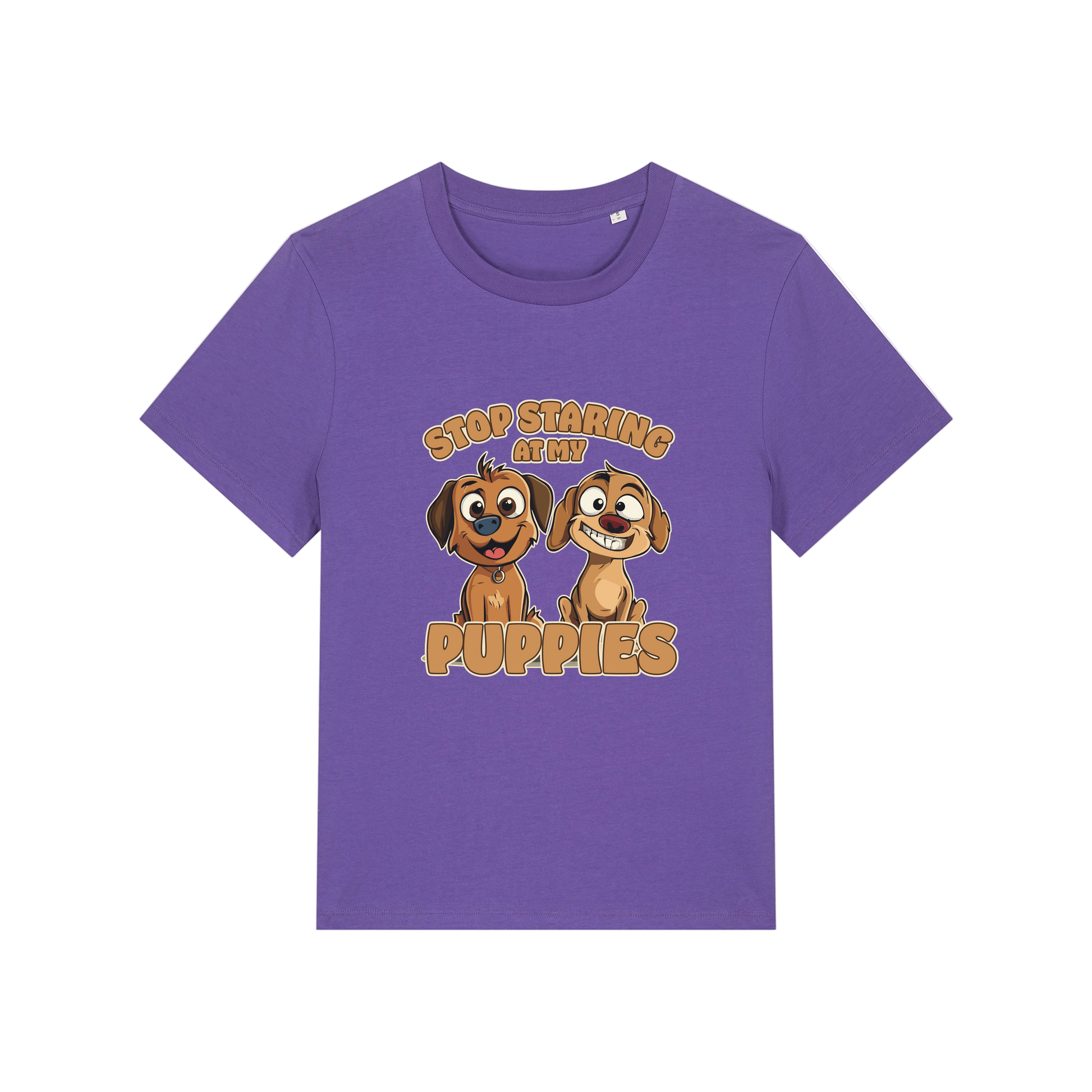 purple funny animal t-shirt with the graphic of two puppies and the slogan 'stop staring at my puppies'