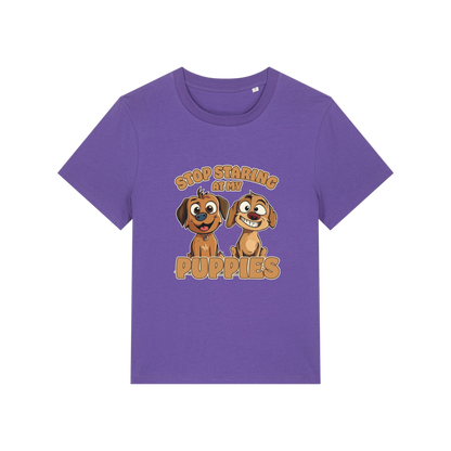 purple funny animal t-shirt with the graphic of two puppies and the slogan 'stop staring at my puppies'