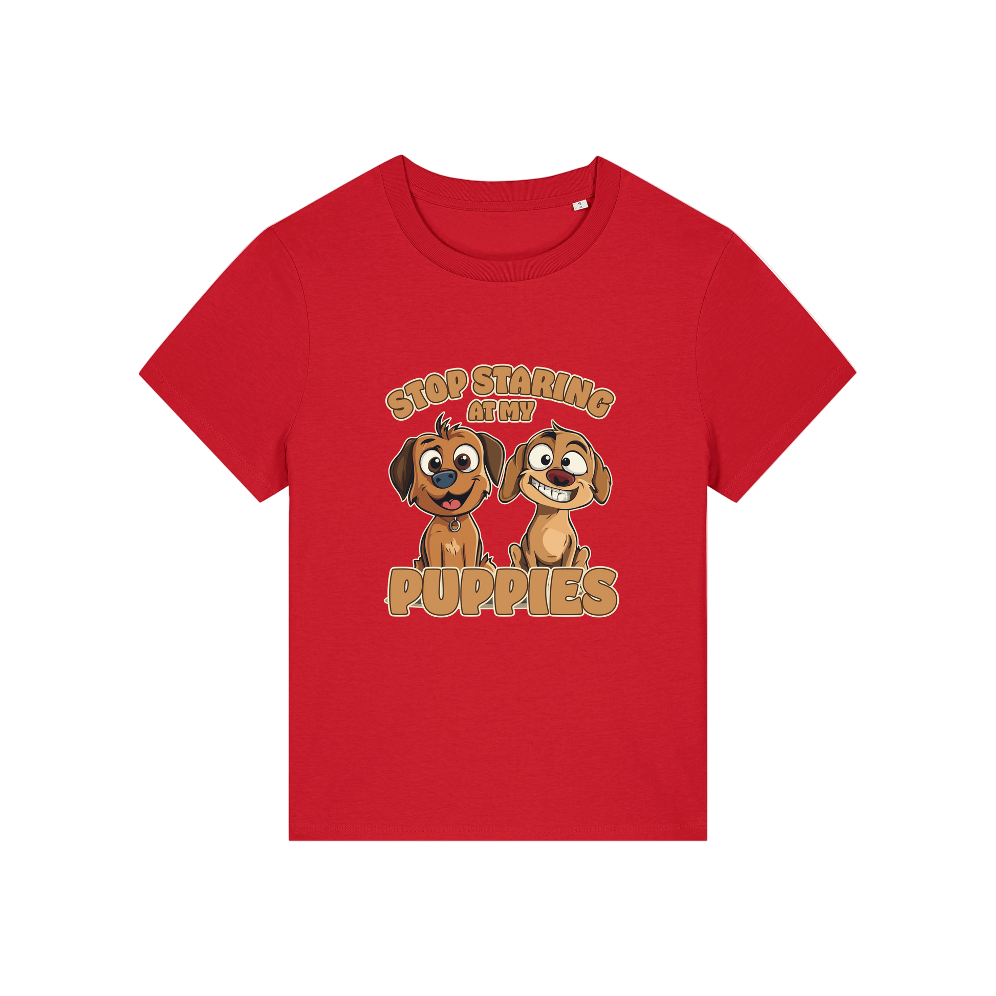 red funny animal t-shirt with the graphic of two puppies and the slogan 'stop staring at my puppies'