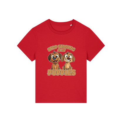red funny animal t-shirt with the graphic of two puppies and the slogan 'stop staring at my puppies'
