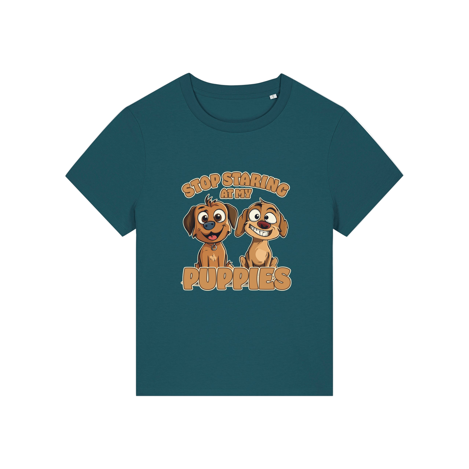 teal funny animal t-shirt with the graphic of two puppies and the slogan 'stop staring at my puppies'