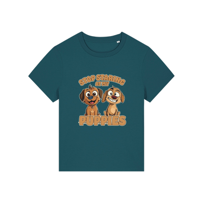 teal funny animal t-shirt with the graphic of two puppies and the slogan 'stop staring at my puppies'