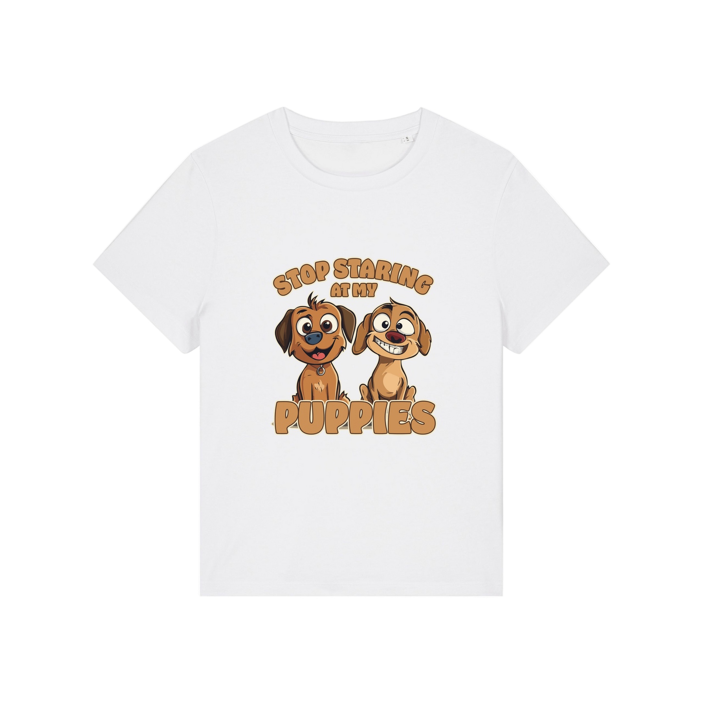 white funny animal t-shirt with the graphic of two puppies and the slogan 'stop staring at my puppies'