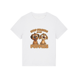 white funny animal t-shirt with the graphic of two puppies and the slogan 'stop staring at my puppies'
