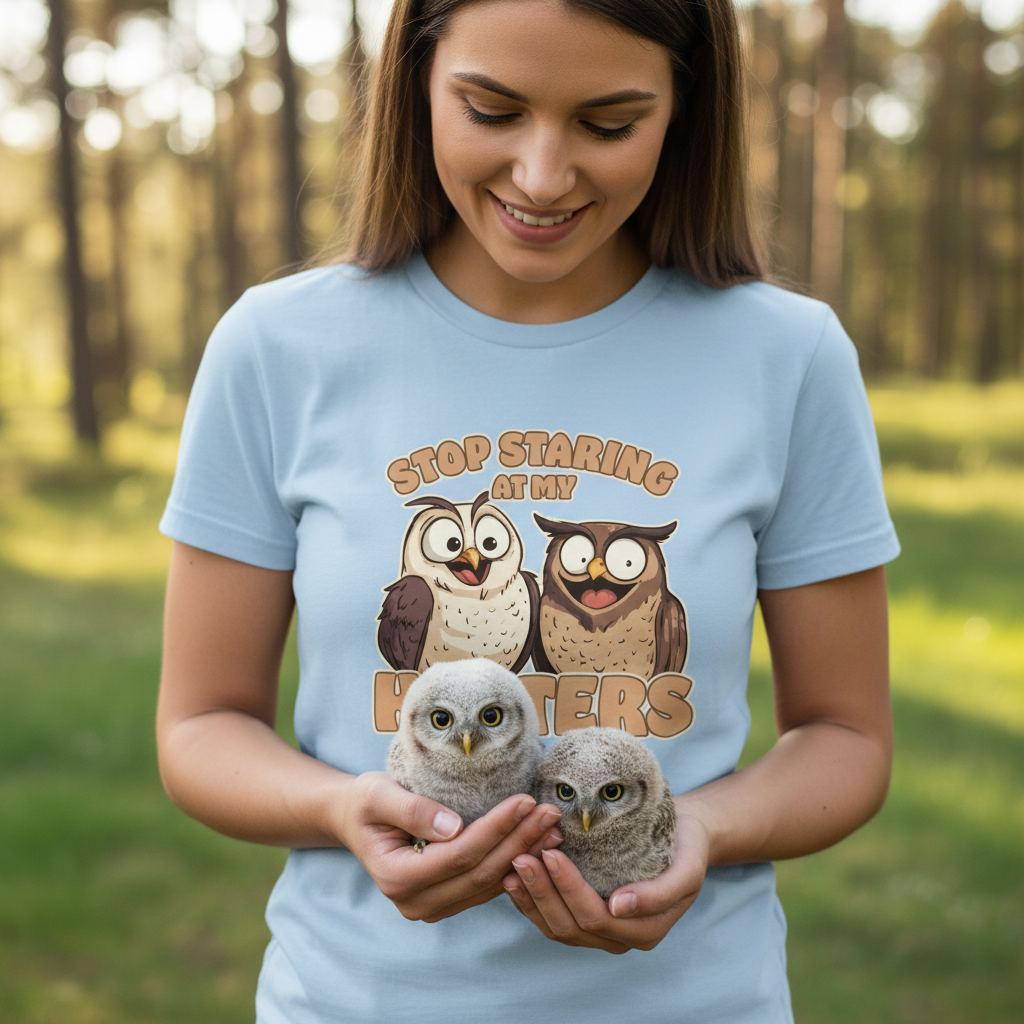 Woman wearing a light blue t-shirt with owl design and text, holding two baby owls in a forest setting.