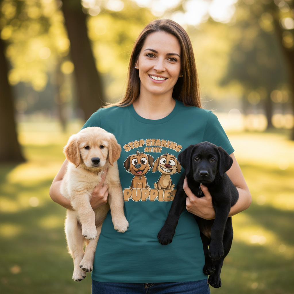 Woman holding two puppies with a shirt featuring cartoon dogs and text in a park setting