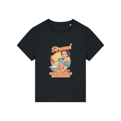 black retro t-shirt with the graphic of a retro housewife and the slogan 'stressed is desserts spelled backwards'