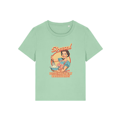 retro t-shirt with the graphic of a green retro housewife and the slogan 'stressed is desserts spelled backwards'