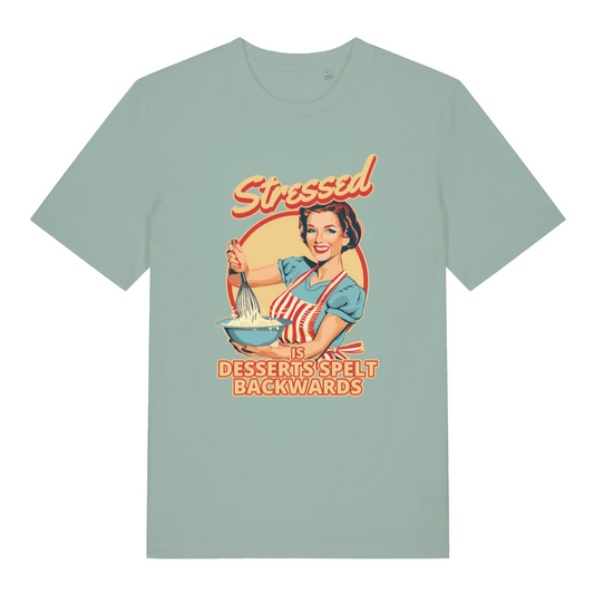 green women's graphic t-shirt with a retro housewife design and the slogan 'stressed is desserts spelt backwards'