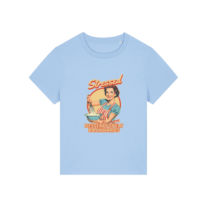 light blue retro t-shirt with the graphic of a retro housewife and the slogan 'stressed is desserts spelled backwards'