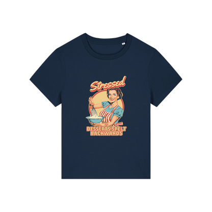 navy retro t-shirt with the graphic of a retro housewife and the slogan 'stressed is desserts spelled backwards'