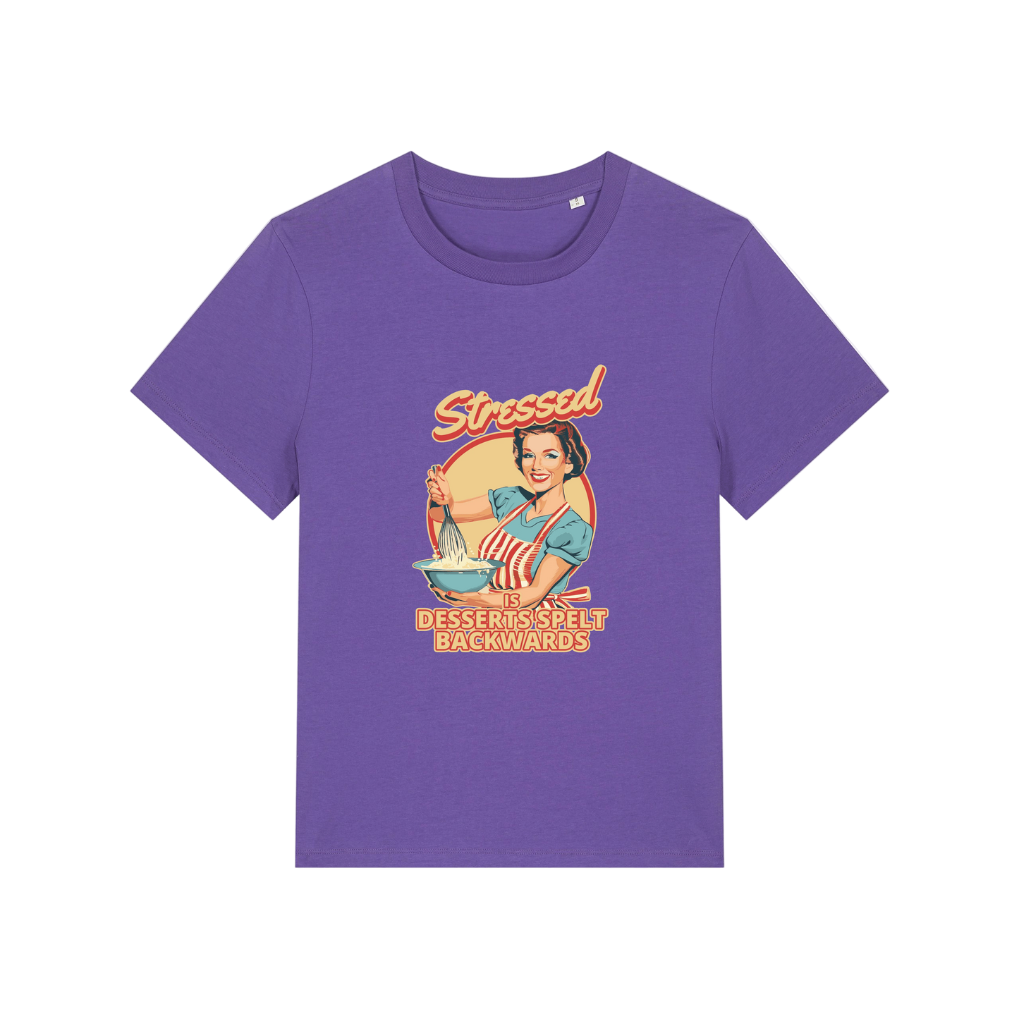 purple retro t-shirt with the graphic of a retro housewife and the slogan 'stressed is desserts spelled backwards'