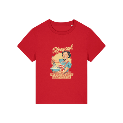 red retro t-shirt with the graphic of a retro housewife and the slogan 'stressed is desserts spelled backwards'