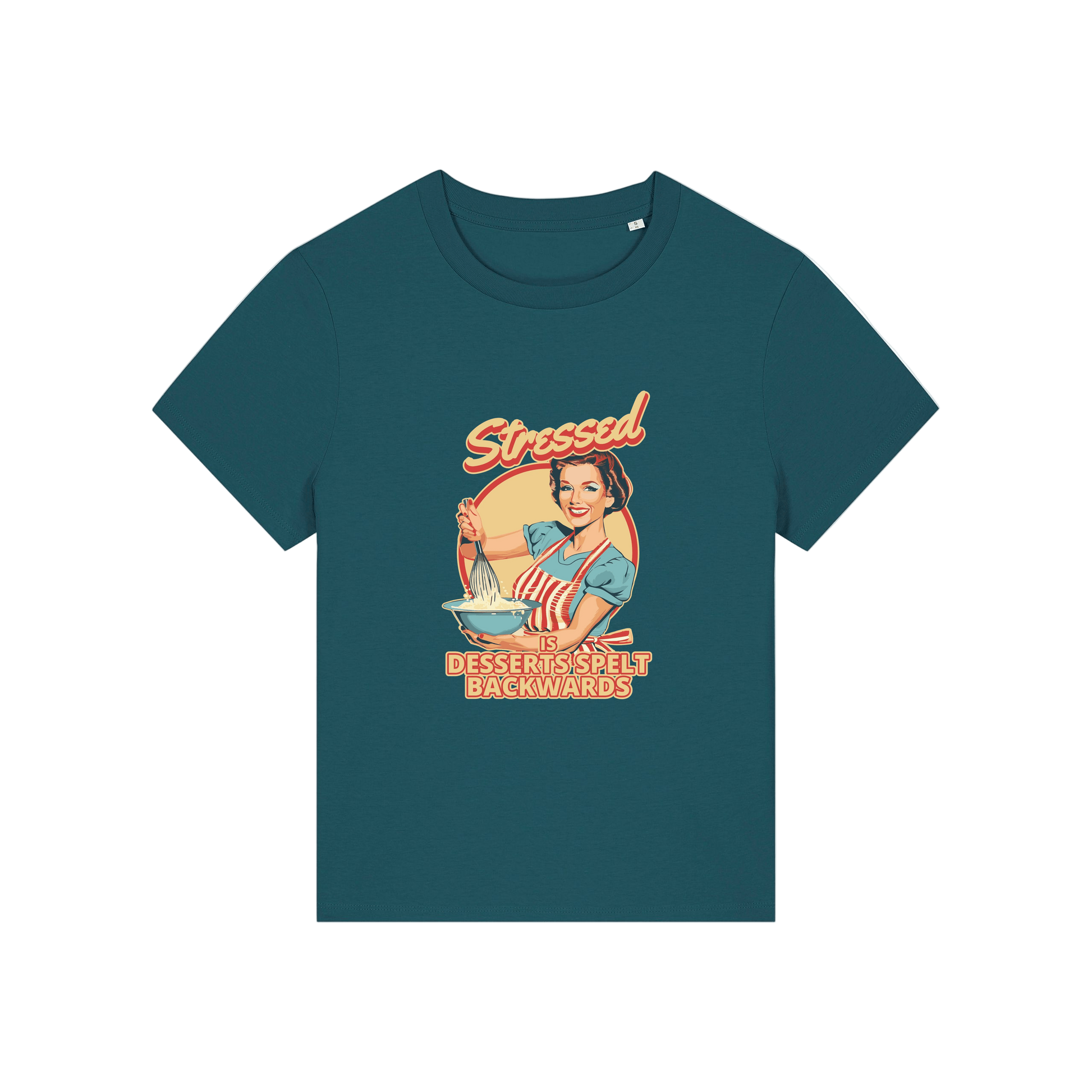 teal retro t-shirt with the graphic of a retro housewife and the slogan 'stressed is desserts spelled backwards'