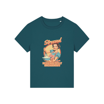 teal retro t-shirt with the graphic of a retro housewife and the slogan 'stressed is desserts spelled backwards'