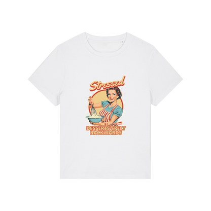 white retro t-shirt with the graphic of a retro housewife and the slogan 'stressed is desserts spelled backwards'