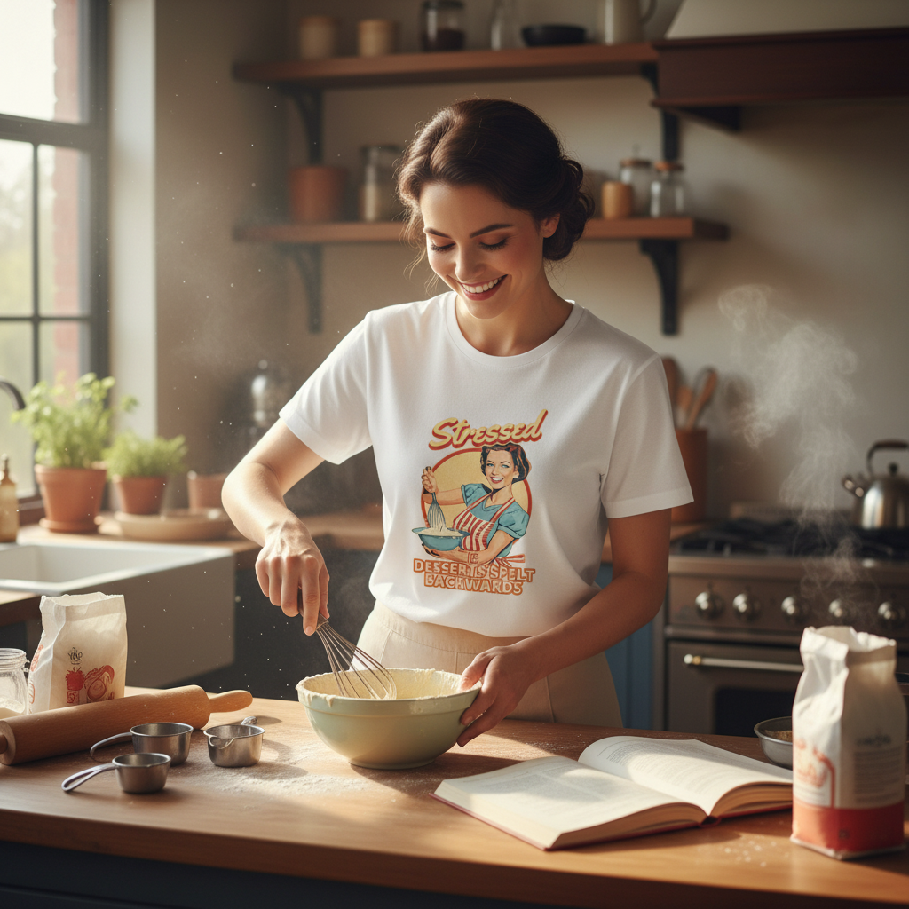Woman in a kitchen wearing a t-shirt with a graphic design, mixing ingredients.