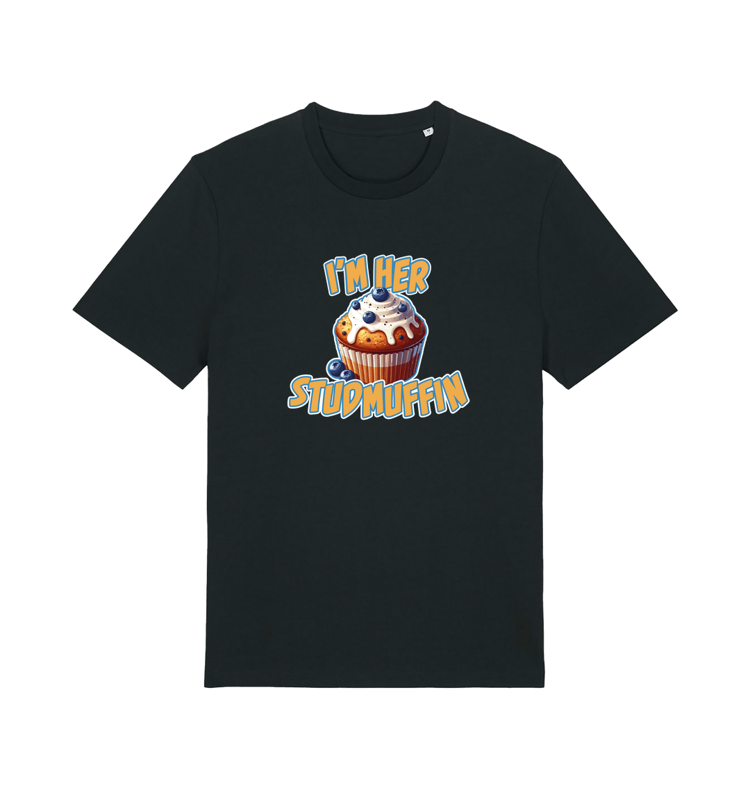 black matching t-shirt with the graphic of a blueberry muffin and the slogan 'i'm her stud muffin'