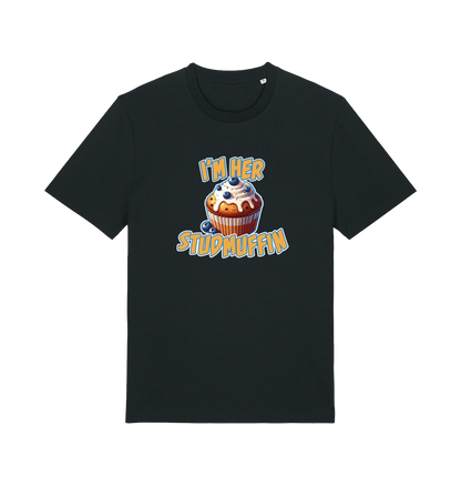 black matching t-shirt with the graphic of a blueberry muffin and the slogan 'i'm her stud muffin'