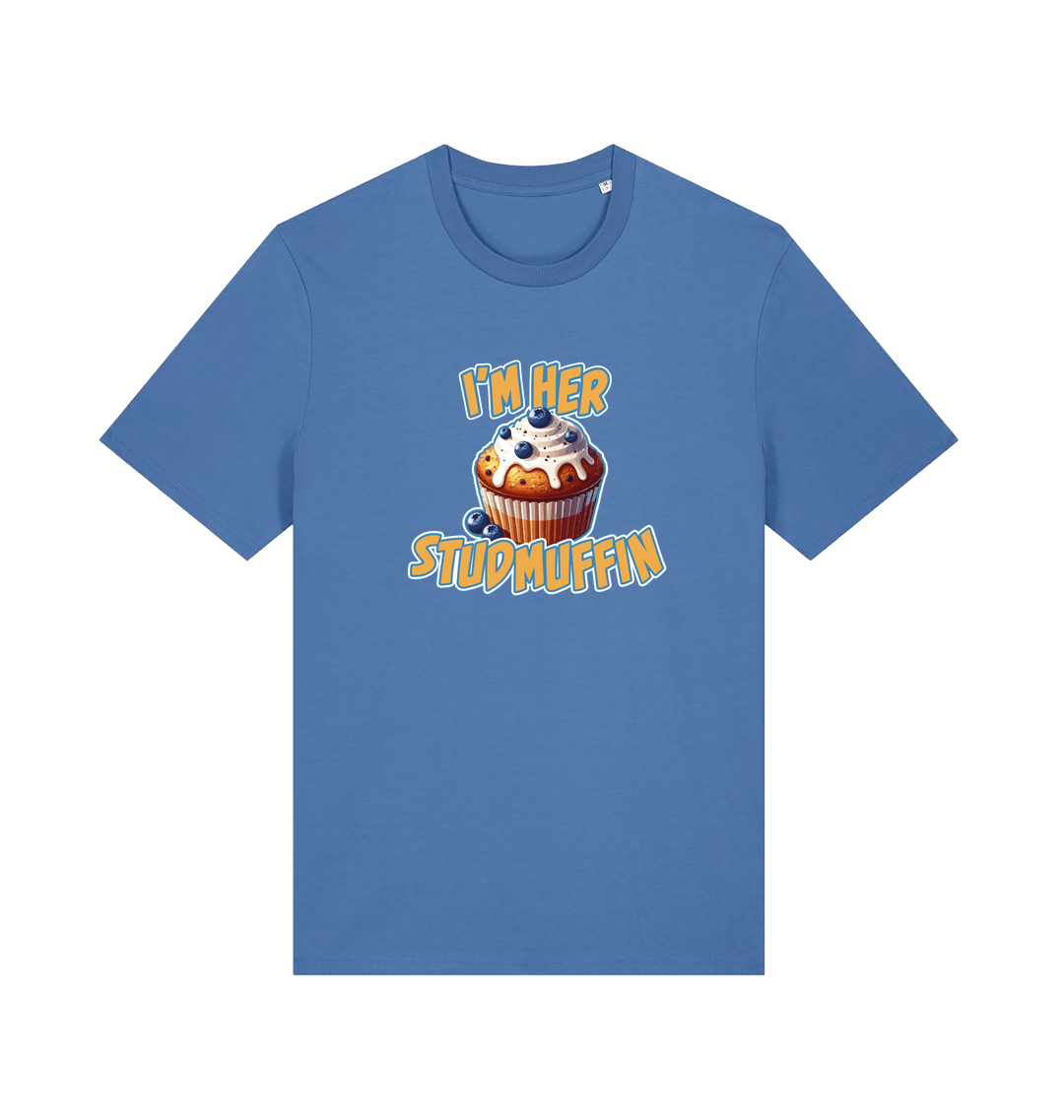 blue matching t-shirt with the graphic of a blueberry muffin and the slogan 'i'm her stud muffin'