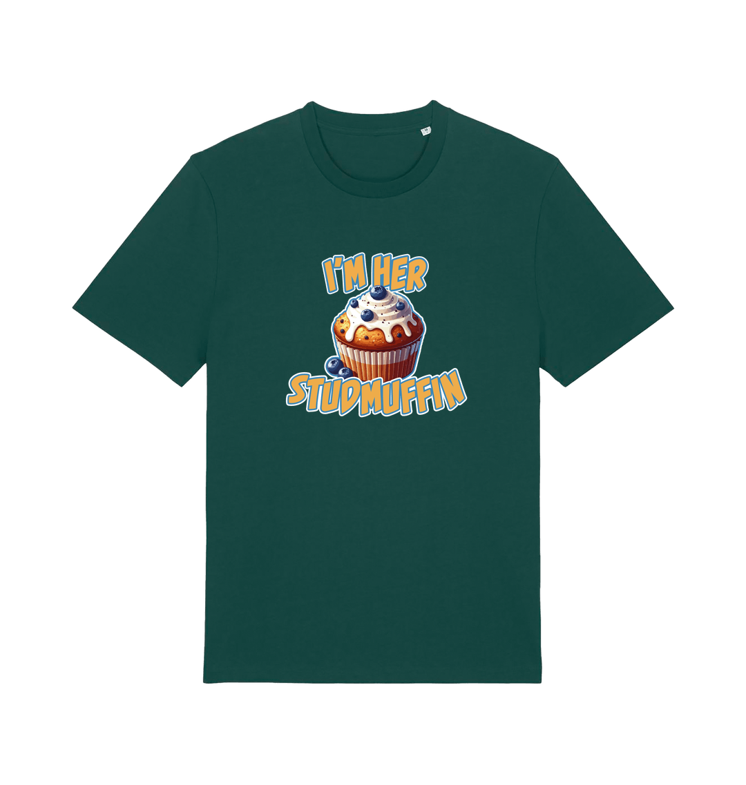 green matching t-shirt with the graphic of a blueberry muffin and the slogan 'i'm her stud muffin'