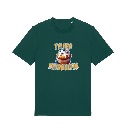 green matching t-shirt with the graphic of a blueberry muffin and the slogan 'i'm her stud muffin'