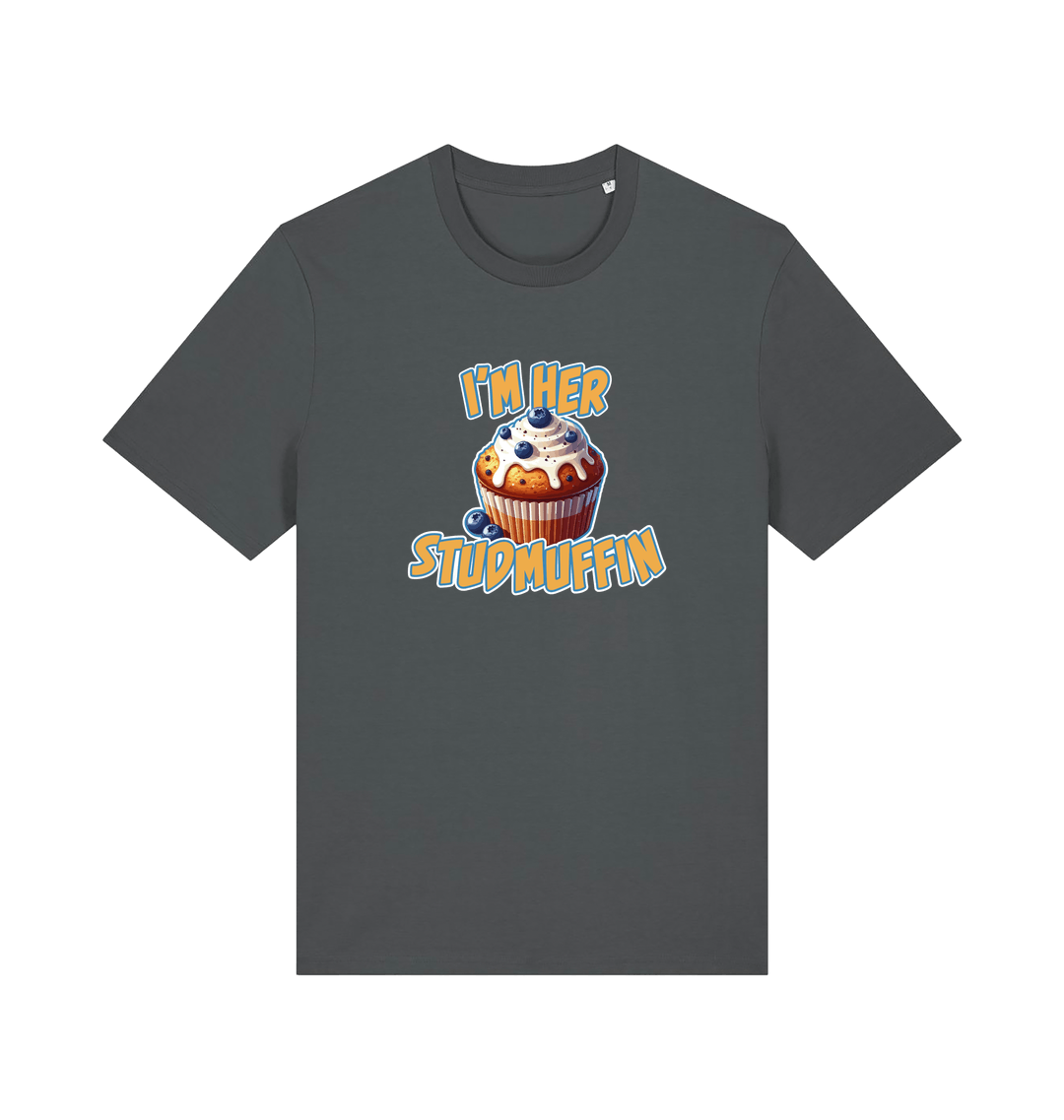 grey matching t-shirt with the graphic of a blueberry muffin and the slogan 'i'm her stud muffin'
