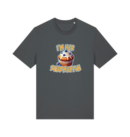grey matching t-shirt with the graphic of a blueberry muffin and the slogan 'i'm her stud muffin'