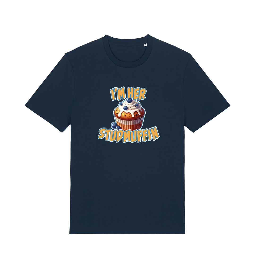 navy matching t-shirt with the graphic of a blueberry muffin and the slogan 'i'm her stud muffin'