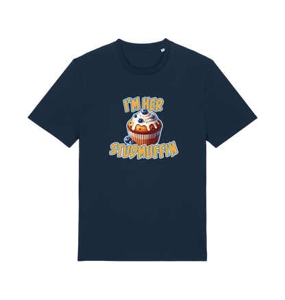 navy matching t-shirt with the graphic of a blueberry muffin and the slogan 'i'm her stud muffin'