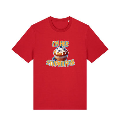 red matching t-shirt with the graphic of a blueberry muffin and the slogan 'i'm her stud muffin'