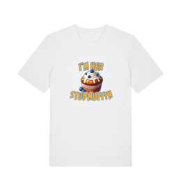 white matching t-shirt with the graphic of a blueberry muffin and the slogan 'i'm her stud muffin'