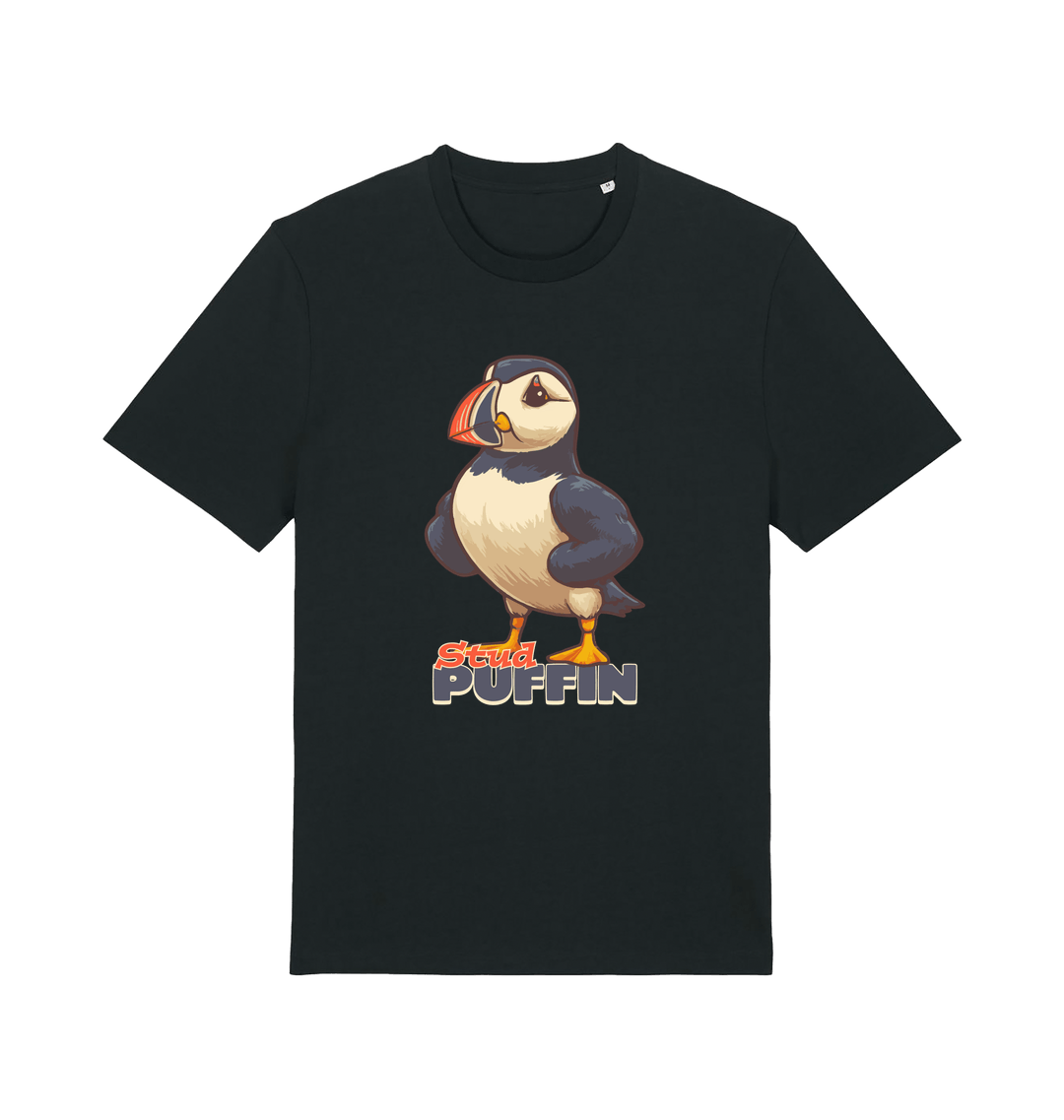 black funny animal t-shirt with the graphic of a puffin and the slogan 'stud puffin'