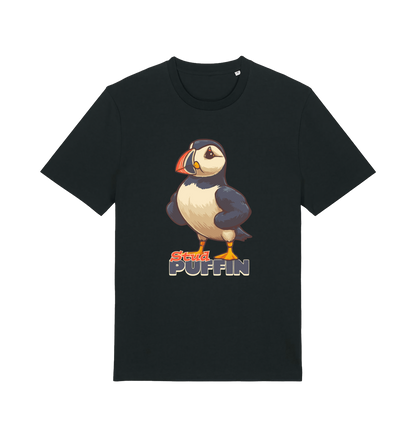 black funny animal t-shirt with the graphic of a puffin and the slogan 'stud puffin'