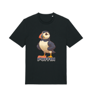 black funny animal t-shirt with the graphic of a puffin and the slogan 'stud puffin'