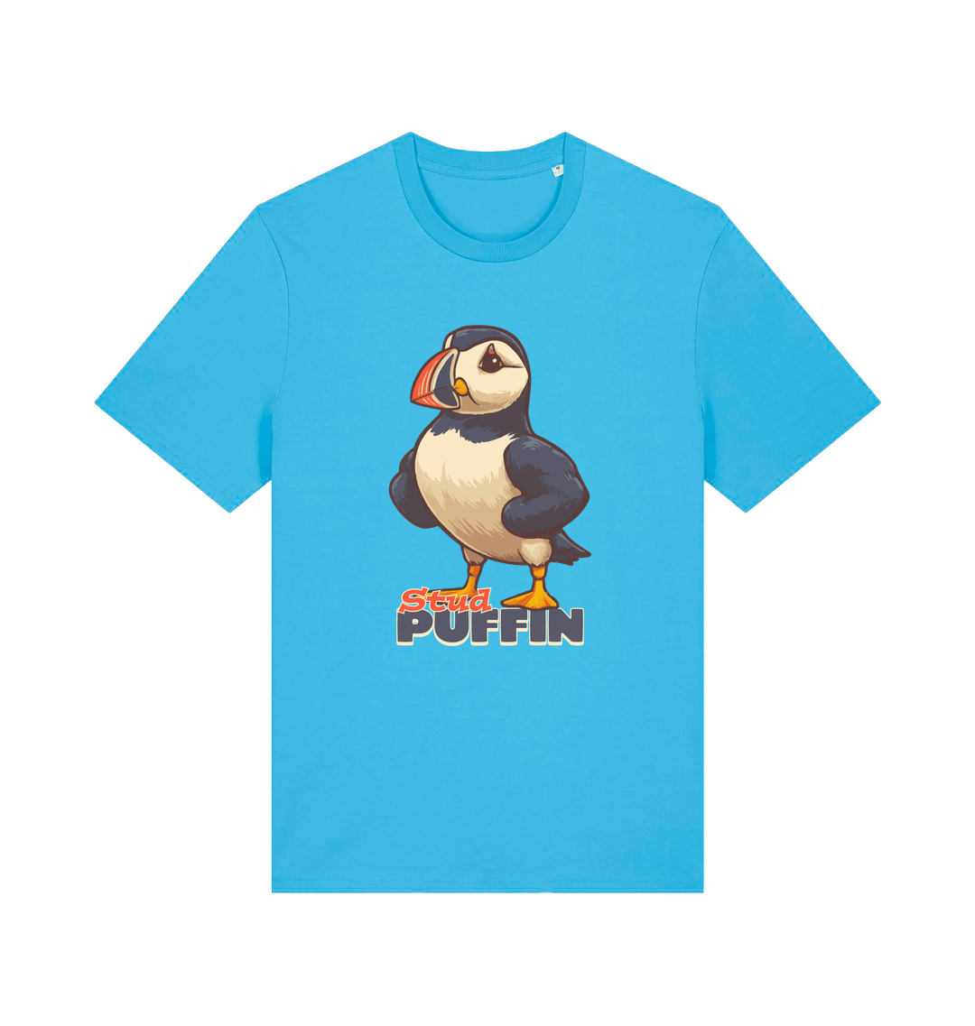 blue funny animal t-shirt with the graphic of a puffin and the slogan 'stud puffin'