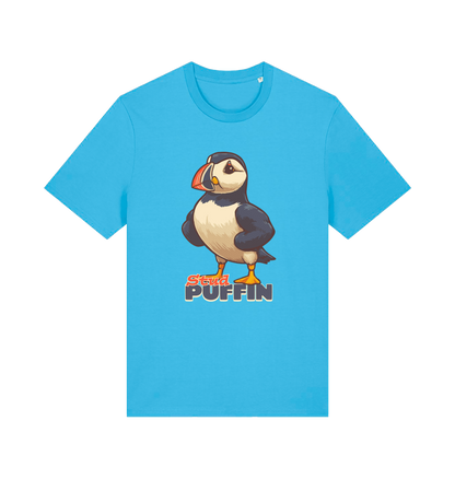 blue funny animal t-shirt with the graphic of a puffin and the slogan 'stud puffin'