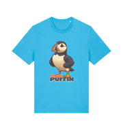 blue funny animal t-shirt with the graphic of a puffin and the slogan 'stud puffin'