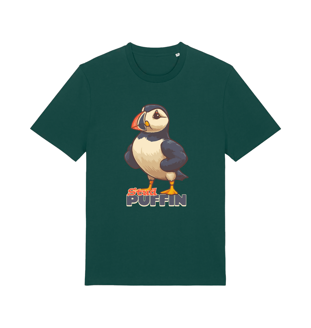 green funny animal t-shirt with the graphic of a puffin and the slogan 'stud puffin'