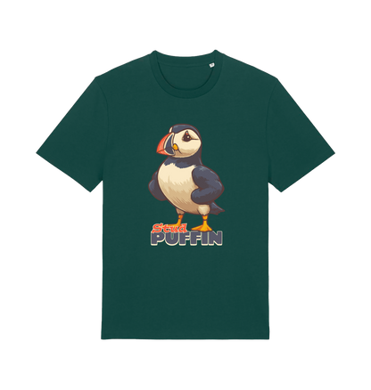 green funny animal t-shirt with the graphic of a puffin and the slogan 'stud puffin'