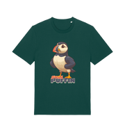green funny animal t-shirt with the graphic of a puffin and the slogan 'stud puffin'