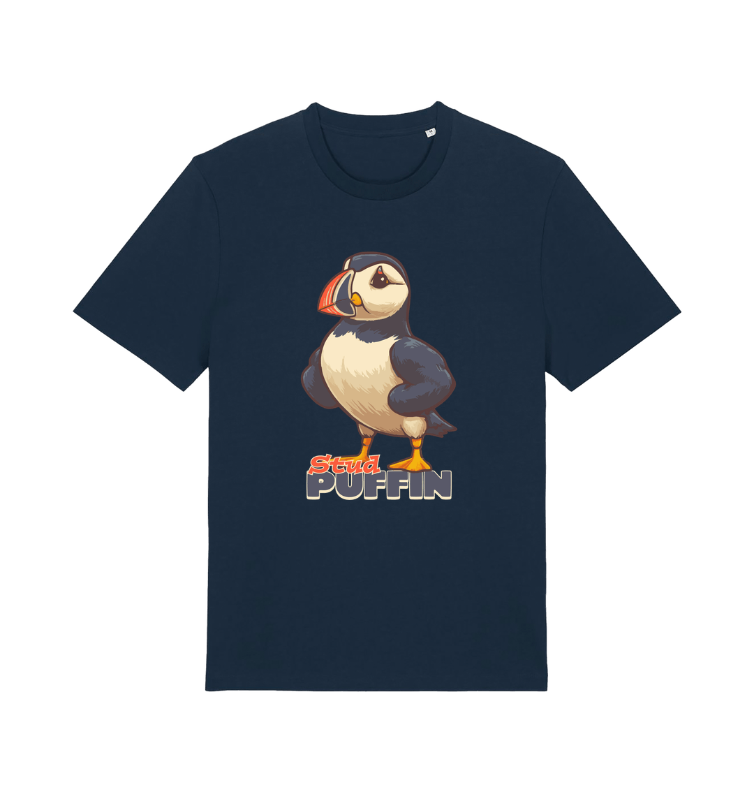 navy funny animal t-shirt with the graphic of a puffin and the slogan 'stud puffin'