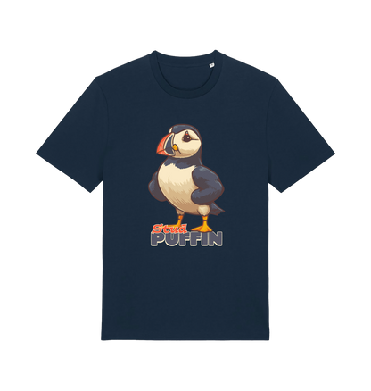 navy funny animal t-shirt with the graphic of a puffin and the slogan 'stud puffin'